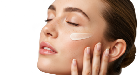 A closeup of a womans face with freckles, applying moisturizer to her cheek with her fingers, isolated on white isolated on transparent background