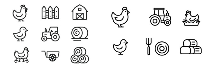 Collection of farm icons depicting chickens, tractors, and hay bales representing rural life and agriculture activities