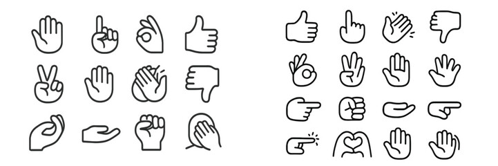 Collection of hand gestures displayed in simple line art style showcasing various expressions and emotions