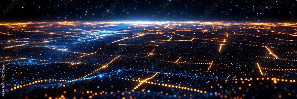 Poster futuristic digital network landscape with glowing orbs and interconnected lines for tech design.