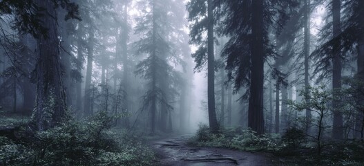 Fototapeta premium A serene pathway winds through a misty forest of towering evergreens, creating an atmosphere of mystery and tranquility in the heart of nature.