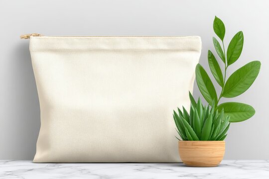 Blank cream canvas zippered pouch on marble surface with greenery