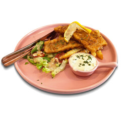 Crispy Fish and Chips with Salad on a Pink Plate