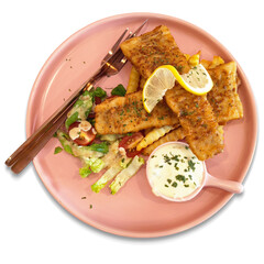 Crispy Fish and Chips with Salad on a Pink Plate