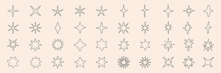 Collection of hand-drawn star icons. Various star designs in black and white. Simple star shapes, decorative star elements, and minimalist star illustrations. Element vector set.