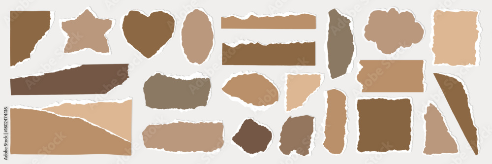 Poster collection of torn paper shapes in various shades of brown and beige. includes rectangles, circles, 