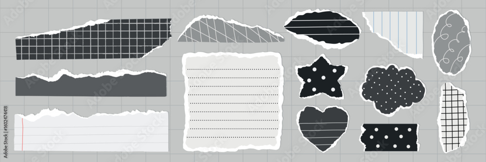 Poster collection of torn paper pieces with various patterns: stripes, dots, grids. black, white, and gray 