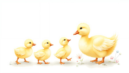 Mother duck walking with three ducklings on a white background  