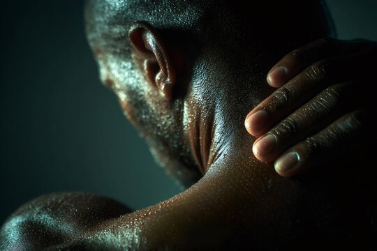 Close up of a sweaty athlete touching his neck after an intense training session, highlighting the physical exertion and dedication of sports
