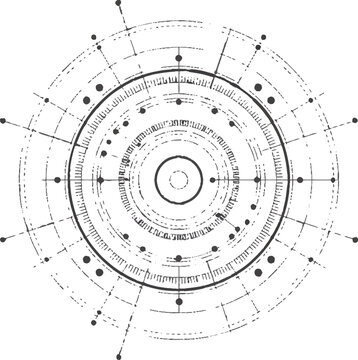high tech futurist hud overlay design featuring concentric rings, dots, data panels and geometric digital background