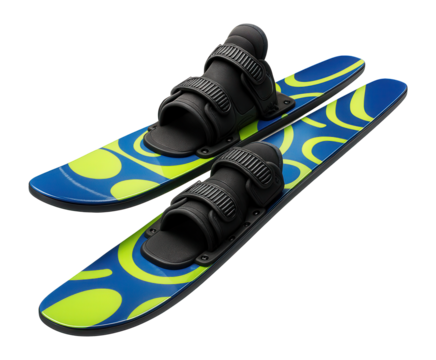 Pair of junior water skis with soft foot bindings and playful designs for young learners