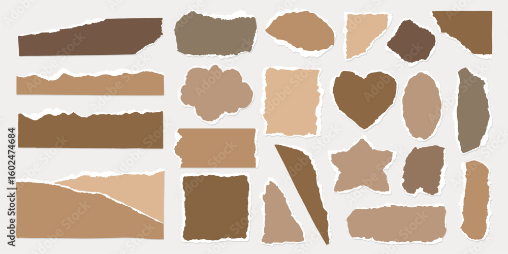 Poster collection of torn paper shapes in various shades of brown and beige. includes rectangles, circles, 