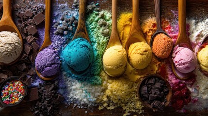 Ice cream scoops in wooden spoons, various colors and flavors on table. This is ideal for menu design, dessert blog or creative food presentation.