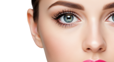 A closeup of a womans beautiful blue eye with perfect makeup and long lashes isolated on transparent background