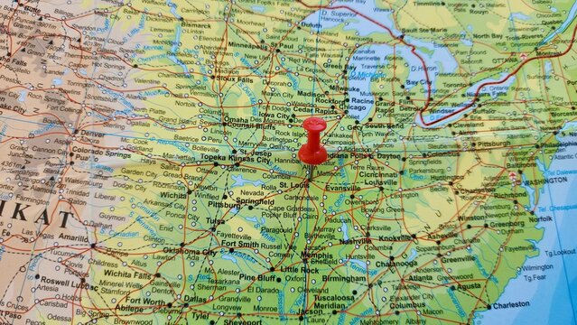 View of St. Louis, County in Missouri, United States, on a geographical map of America, marked with red push pin