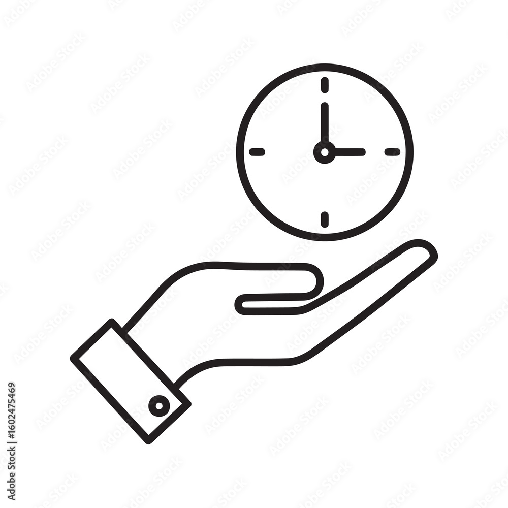 Poster time management icon with a hand holding a clock representing schedule control project planning punc