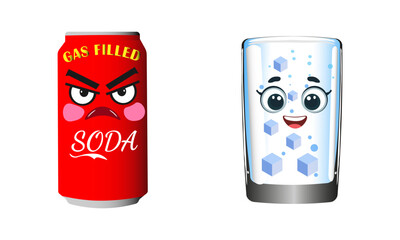 Red gas filled soda can with angry face and happy glass of water with ice cubes. Healthy and unhealthy food concept. Vector illustration