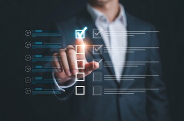 Man in dark suit checking off items on a digital checklist with glowing blue markers to do list task