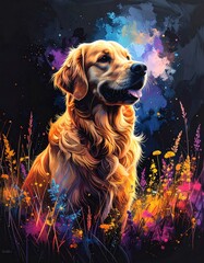 An expressive and colorful watercolor illustration of a golden retriever sitting peacefully among vibrant wildflowers and tall grasses with a dark, abstract paint splatter background.