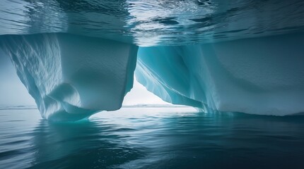 Underwater view of the underside of an iceberg with reflections in calm water