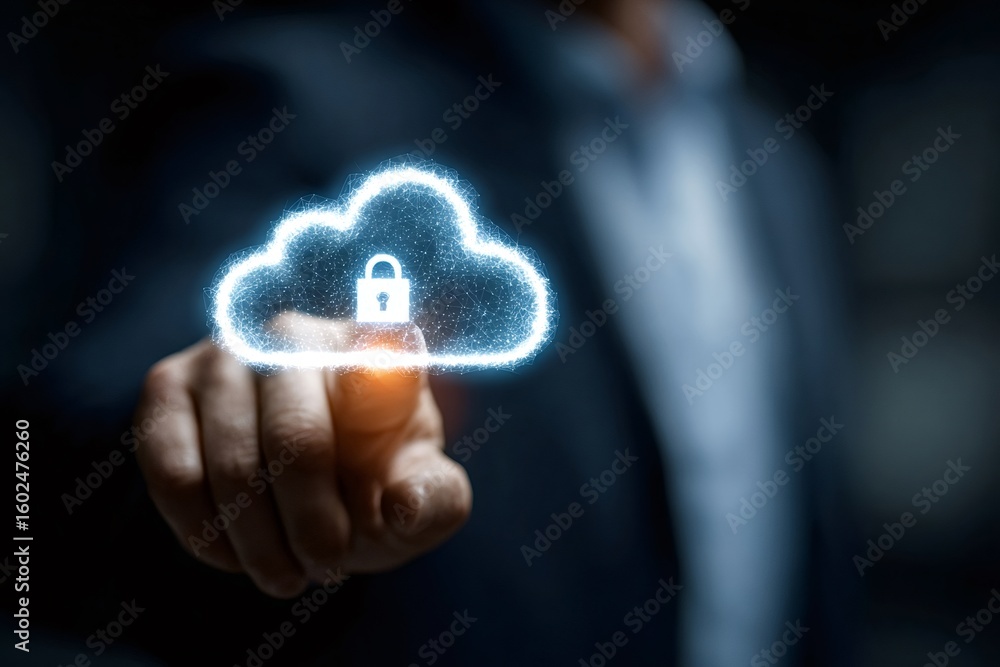 Poster businessman is pointing at a cloud computing icon with a digital padlock, representing data protecti