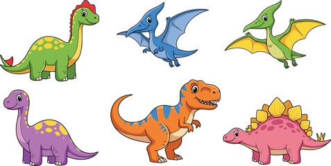 Cute cartoon dinosaurs in colorful designs, prehistoric characters illustration for children’s artwork, educational concept, playful animal drawing, vector style, creative fun image