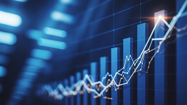 A futuristic digital infographic featuring a glowing stock market chart that vividly illustrates financial growth and successful investment returns with a rising blue bar graph. - Powered by Adobe