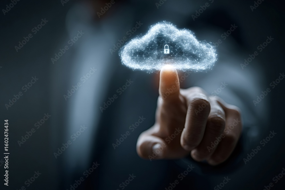 Poster businessman is touching glowing polygonal cloud with digital padlock, ensuring cloud computing secur