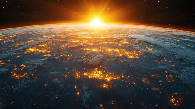 Sunrise over Earth: A breathtaking aerial view of planet Earth, illuminated by the golden light of sunrise, showcasing a mesmerizing fusion of celestial and terrestrial elements.