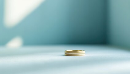 A gold ring with light beige stripes, sits on a light blue surface, bathed in sunlight