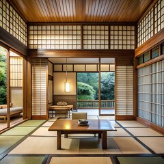 A tranquil japanesestyle room with tatami mats shoji screens and a view of a lush garden