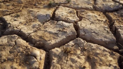 The dry, cracked earth, emphasizing drought, is useful for nature and environmental documentaries.
