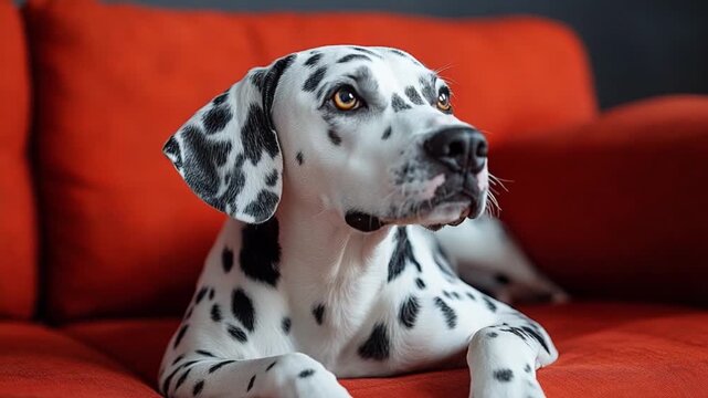 Dalmatian Dog Relaxing: A stunning Dalmatian dog, known for its distinctive spotted coat, rests peacefully on a vibrant red sofa, showcasing its unique markings.