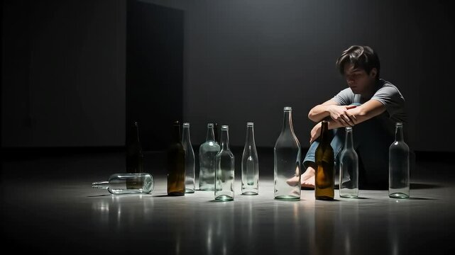 Depressed Person Sitting Surrounded By Empty Bottles In A Dark Room with Dramatic Lighting