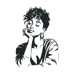 Contemplative african female illustration with closed eyes and curly hair