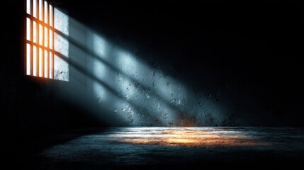 Obraz premium Sunlight shines through barred window into dark, grungy prison cell. Use for isolation, incarceration, or themes of hope in dark times.