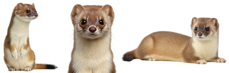 collection of least weasel, Mustela nivalis, in its summer brown coat, standing, portrait and lying