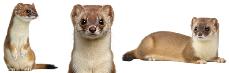 collection of least weasel, Mustela nivalis, in its summer brown coat, standing, portrait and lying