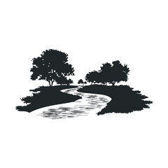 Tranquil river flowing through countryside silhouette with trees