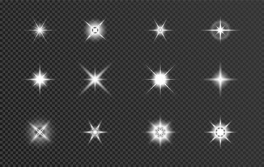 White Light effects set. Sunlight for web banner card christmas, new year. Glowing Bursts with sparkles. Glow stars. Lens flare, explosion, glitter, sun flash, spark. Abstract flare decoration.