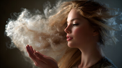 Obraz premium A fair-skinned woman with flowing blonde hair holds a cloud of powder in her hands, creating a dreamy and ethereal atmosphere.