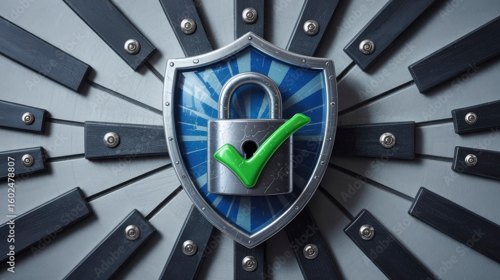 Poster secure data protection cyber security shield with locked padlock and check mark