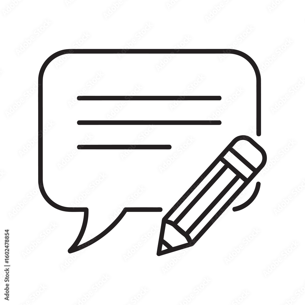 Poster writing feedback icon with a speech bubble and pencil representing a customer review suggestion comm