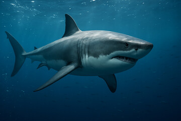 Obraz premium A formidable great white shark navigates the clear ocean depths, a true marine marvel.