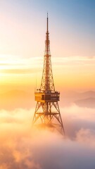 Tower Rising Above Cloudscape at Golden Hour with Mountains