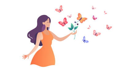Woman in orange dress releasing butterflies in pastel setting