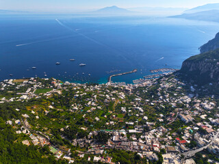 Capri. Amalfi coast. Italy. Drone view. View from above. Buildings and landmarks of Capri. Drone...