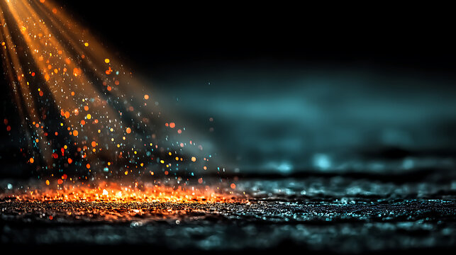 Glowing particles with light beam in dark abstract background