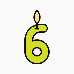 Lit number six birthday candle, flat collage element vector