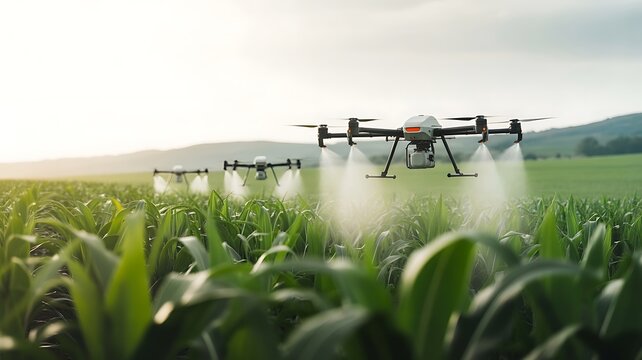 Agricultural drones spraying crops in a green field at sunset agriculture farming